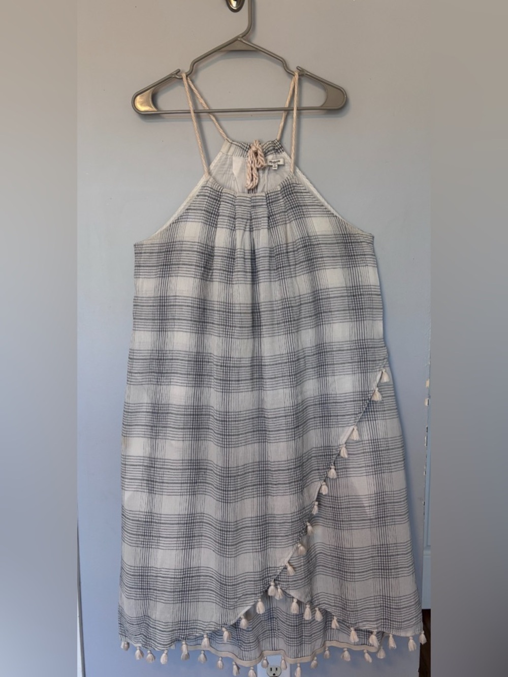 Madewell White and Gray Plaid Midi Dress with Tassel Trim